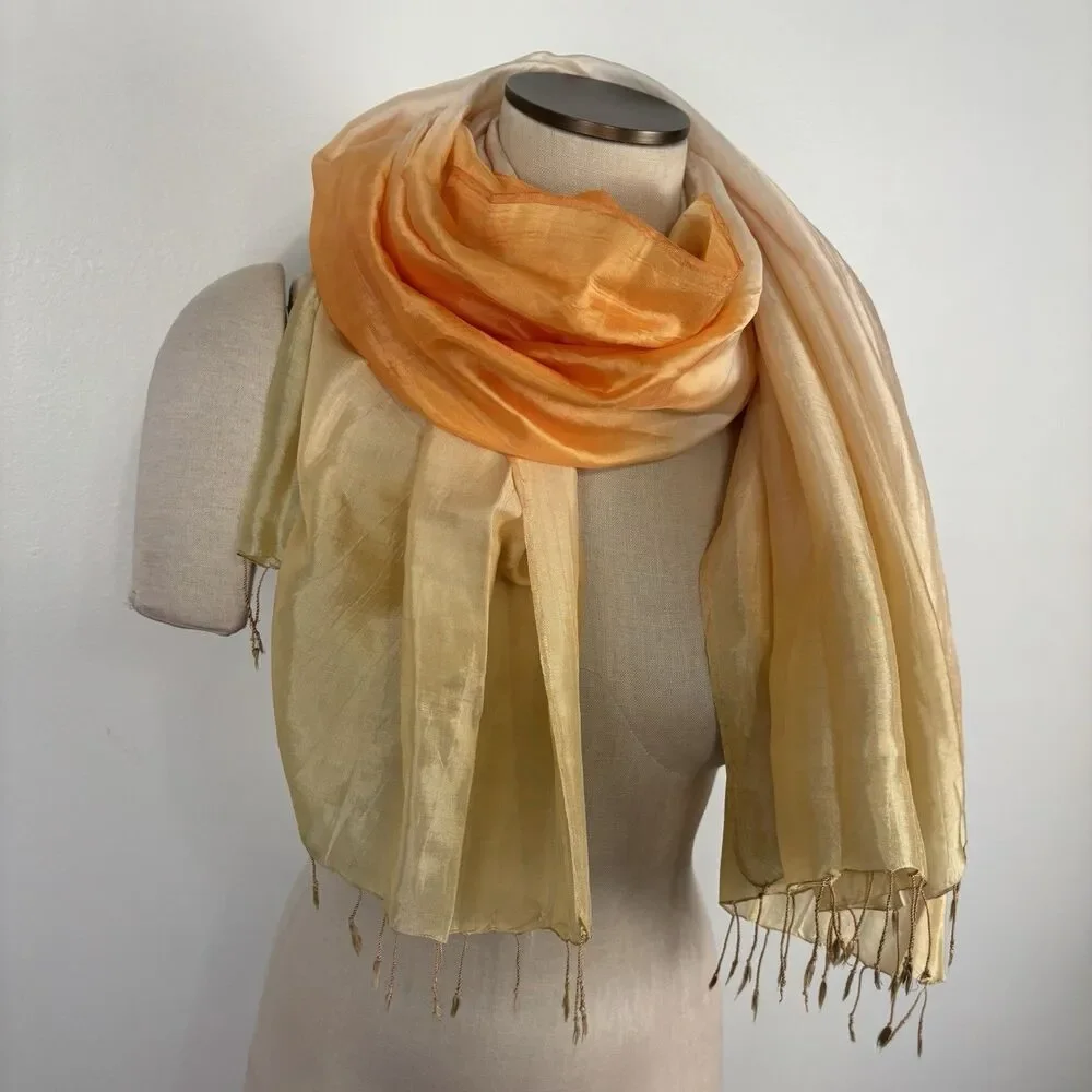 Vibrant Ombre Yellow Orange Gradient Fringe Lightweight Scarf Wrap Shawl Silk ?